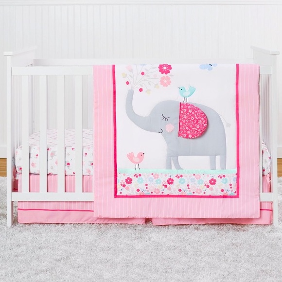 3pc Nursery Comforter Set Crib Sheet Pink Gray Elephant Bird Parent's Choice NEW - Picture 2 of 14